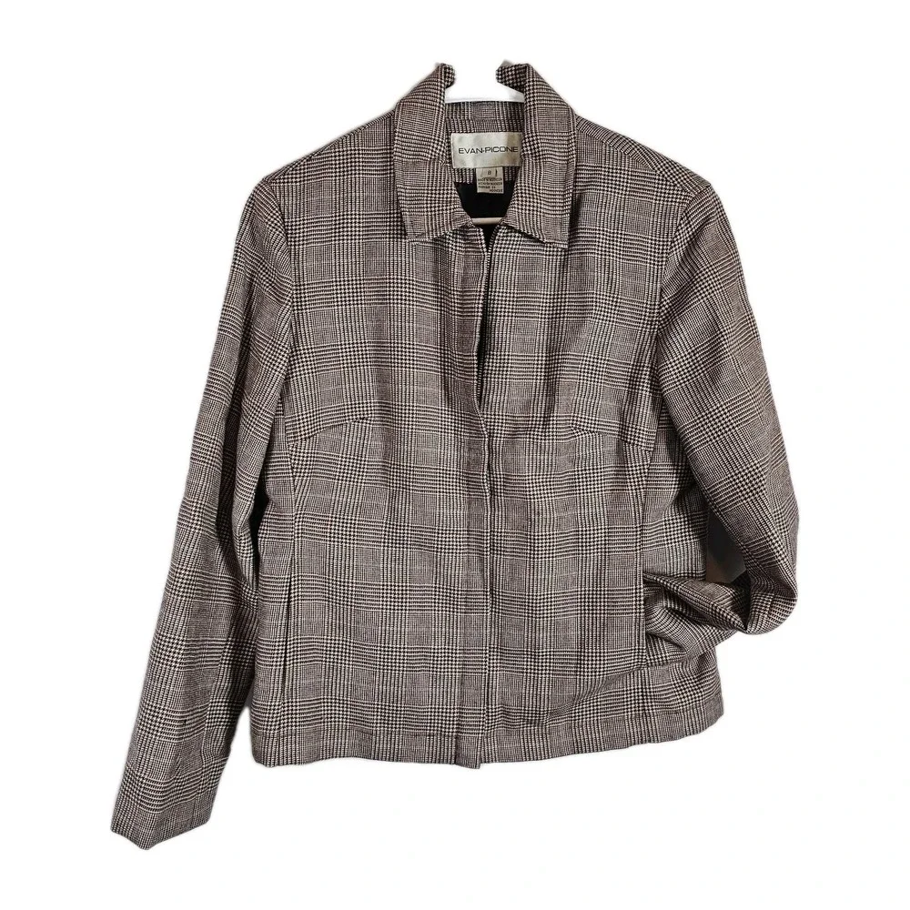 Evan Picone Jacket Blazer‎ Size 8 Hidden Zip Front Wool Plaid Lined Womens READ